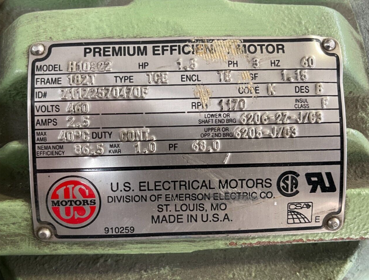 US MOTORS 1.5 HP MOTOR 1170 RPM 460 V FRAME 182T H10322