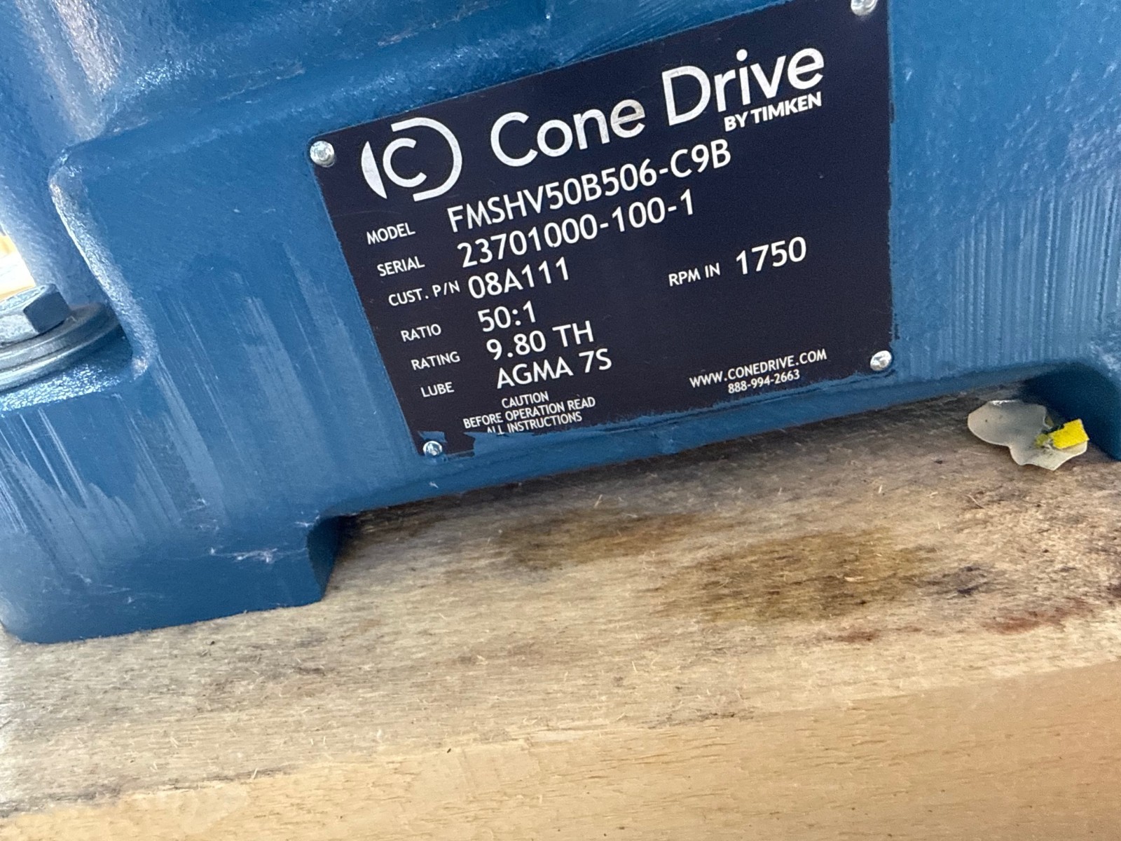 CONEDRIVE GEAR REDUCER 1XUD MOD FMSHV50B506-C9B 50 TO 1 RATIO 1750 RPM
