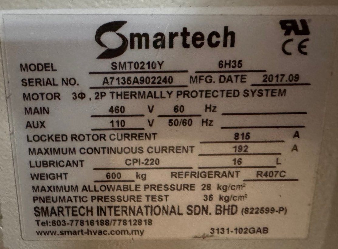 HANBELL SMARTECH SEMI HERMETIC TWIN SCREW COMPRESSOR MODEL SMT0210Y-6H35 2XA