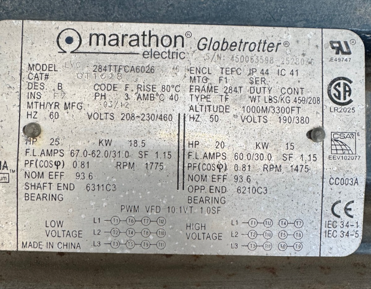 MARATHON GLOBETROTTER Motor 25 HP  284TTFCA6026 EX SEVERE DUTY VA3 208-230/460