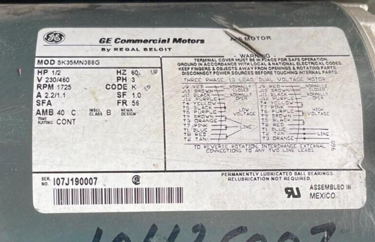 GE COMMERCIAL MOTORS 1/2 HP 1725 RPM 230/460 V FRAME 388G 5K35MN388G