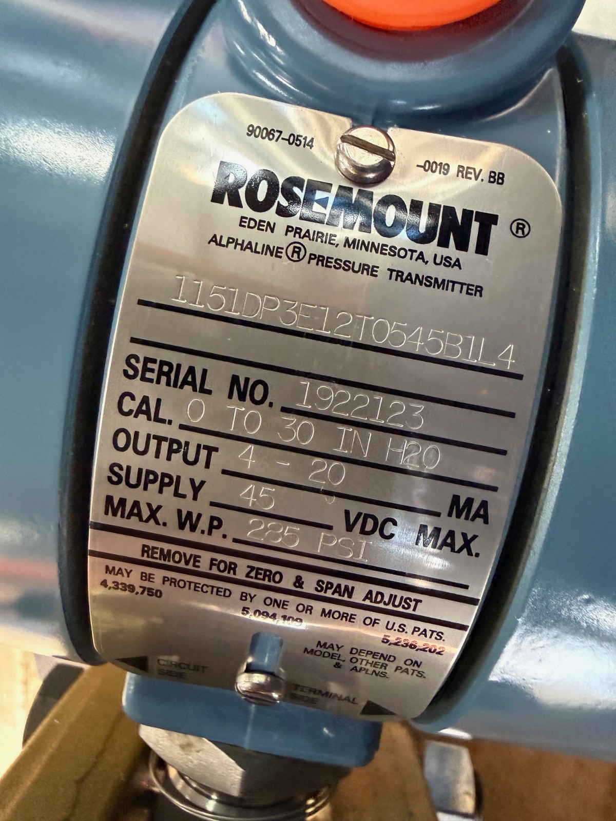 ROSEMOUNT TRANSMITTER 1151DP3E12T0545BIL4 1XA 0-30" IN H2O FLANGED SENSOR
