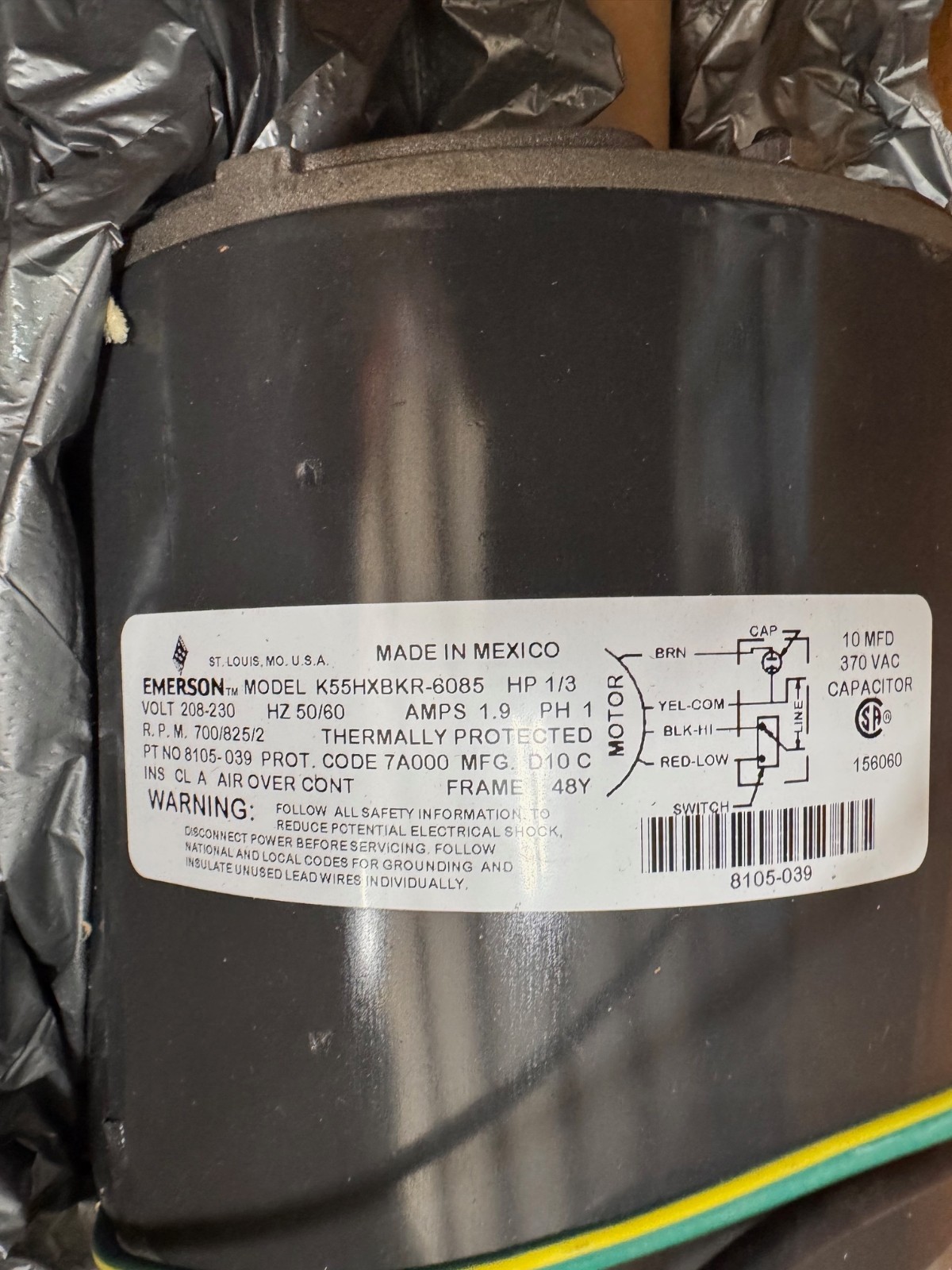 EMERSON Motor 1/3 HP MODEL K55HXBKR-6085 ZJ9 700/825 RPM 208/230 V AMP 1.9 PH 1