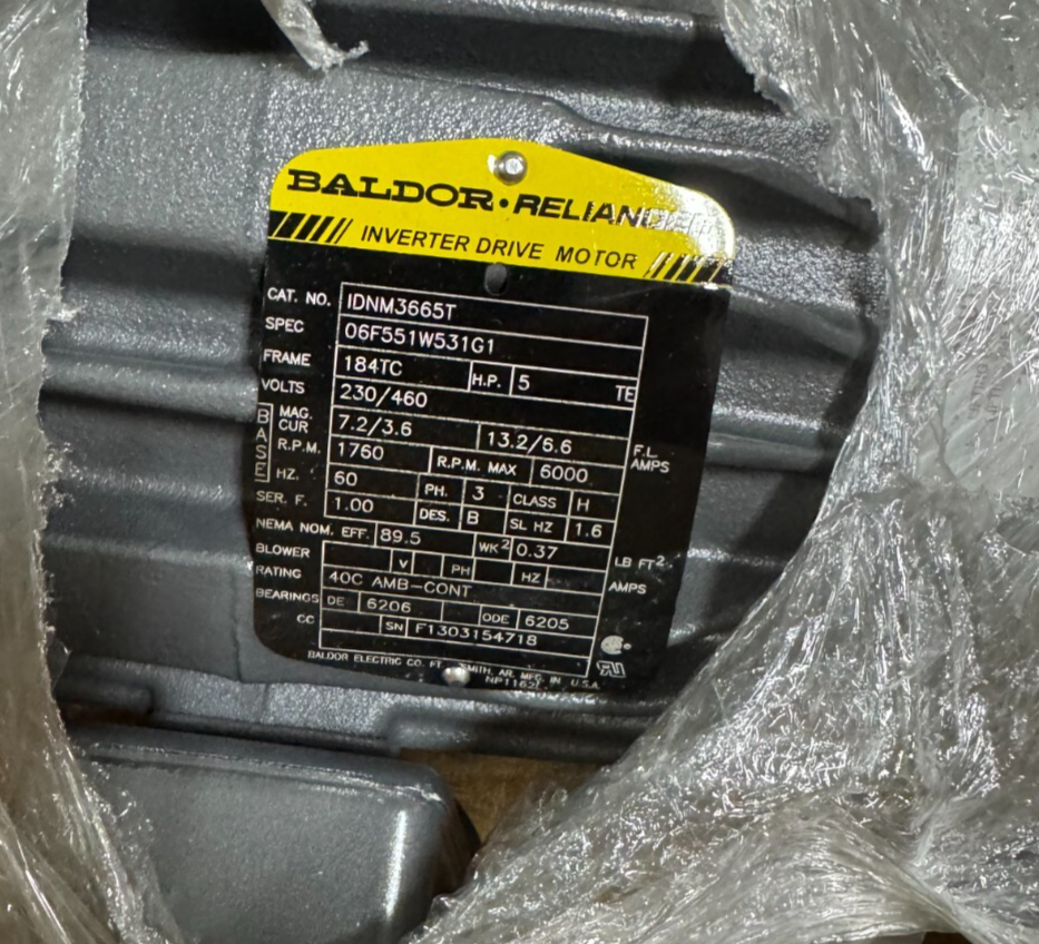 BALDOR MOTOR J4 5HP 1DNM3665T 1760RPM 230/460 V 3 PH 7.2/3.6 13.2/6. A FR 184TC