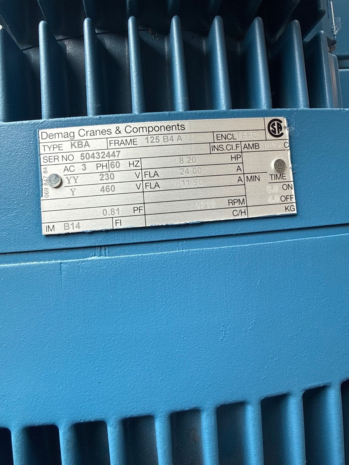 DEMAG CRANE GEAR MOTOR 2XL MOD KBA  50432447 FRAME 125B4A 1760 RPM 8 HP 230/460V
