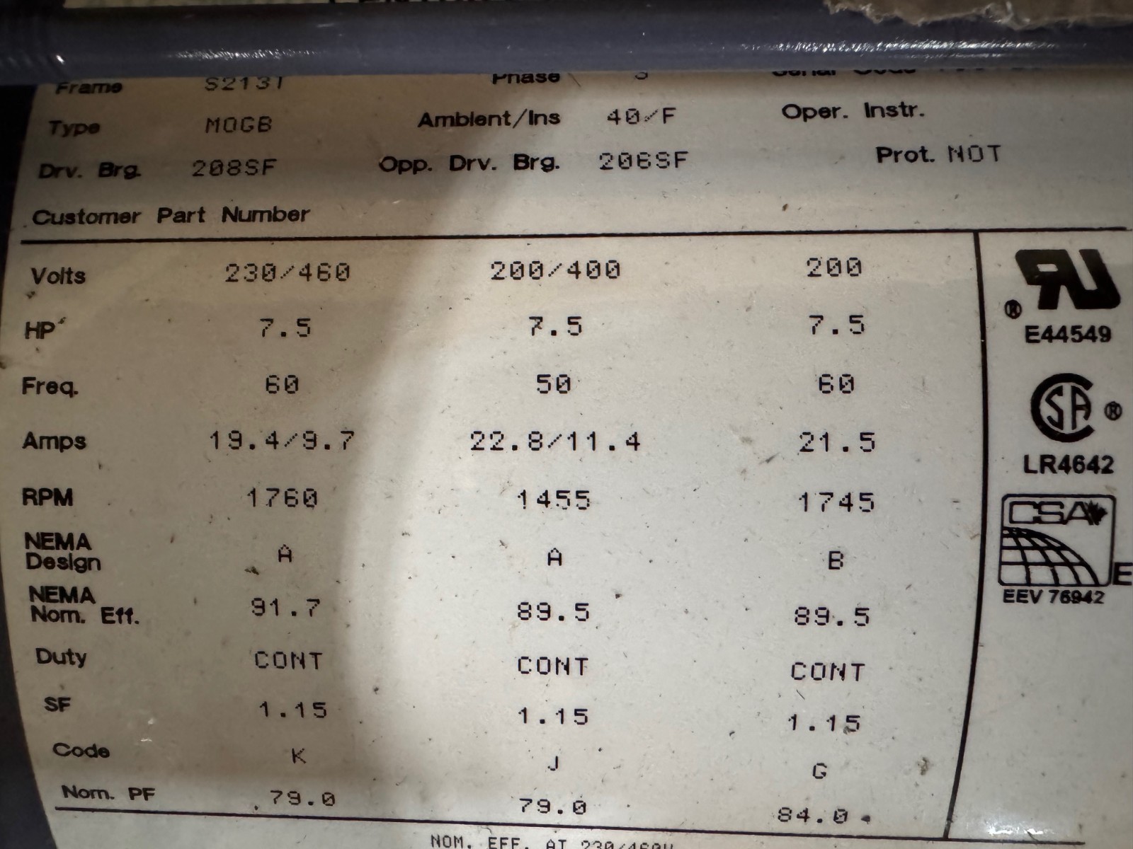 CENTRY E-PLUS 3 Motor 7.5 HP ZF2A  MODEL E317  MOGB ZF2A1760 RPM 200/230/460 V
