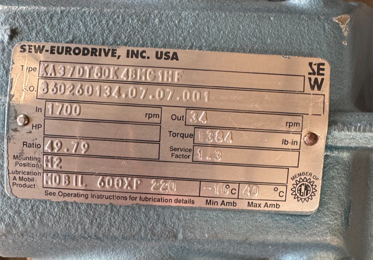 SEW-EURODRIVE GEAR MOTOR VV4 3/4HP DFT80K4BMG1HF/KA37DT80K4BMG1HF 1700 IN 34 OUT