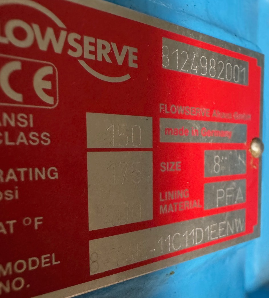 8" 150 RF PLUG VALVE DURCO PFA LINED 8-T4E-11C11D1EENW VA20C