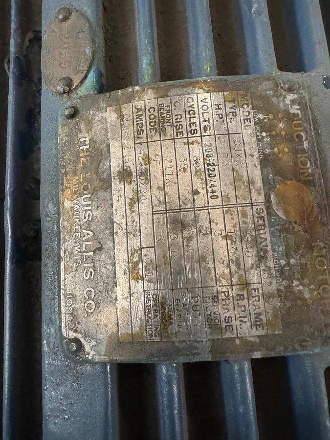 LOUIS ALLIS MOTOR X 15 HP MODEL CJXC 1770 RPM 208-220/440 V 3 PH 42/20AMP F 284U