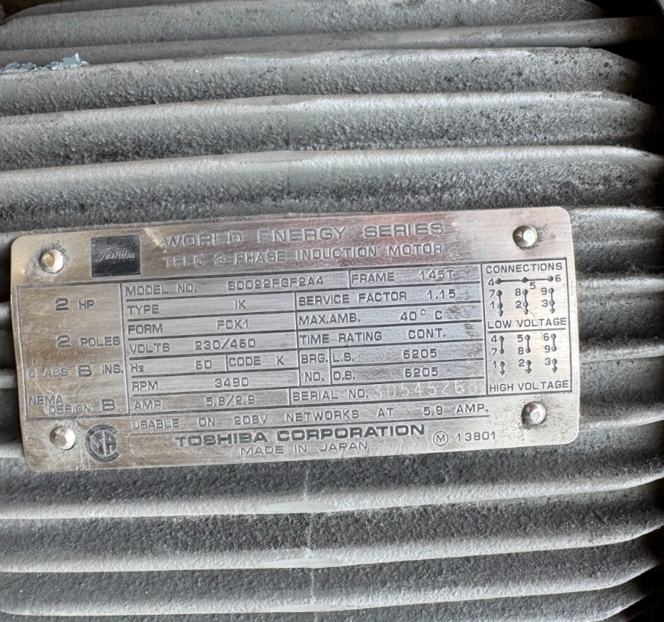 GE MOTOR FF4 1 1/2 HP MODEL 5KS18QPA8JA4 860RPM 230/460V 3 PH 5.4/2.7 A FR184T
