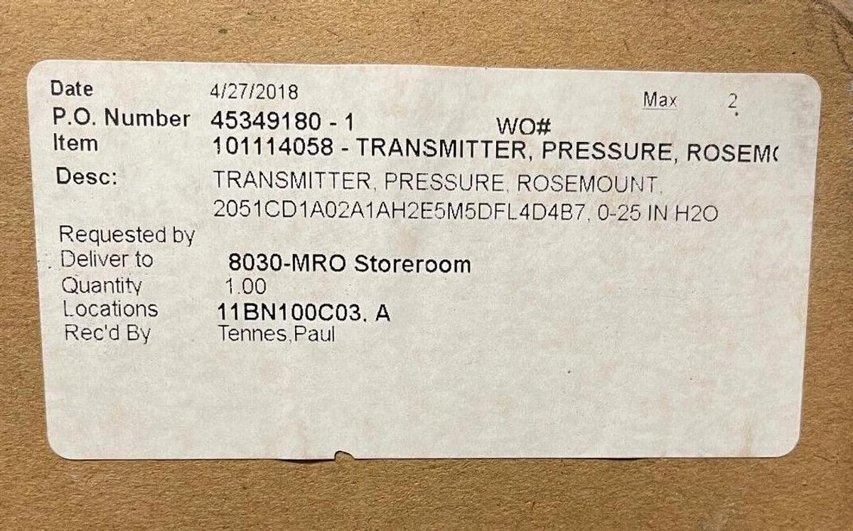 ROSEMOUNT DIFF PRESSURE TRANSMITTER 0-25 IN H20 2051CD1A02A1AH2E5M5DFL4D4B7