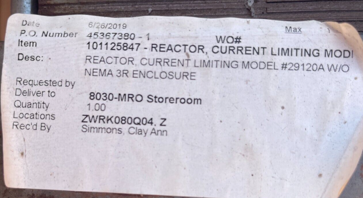 Current Limiting Reactor Model 29120A 1.7 MH 256 AMP 1 PH 2.5 KV TEST