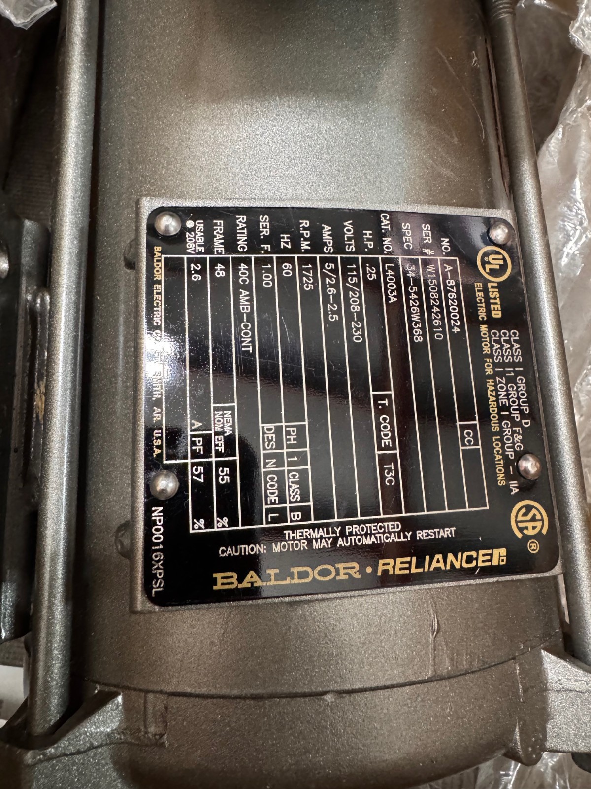 BALDOR EXPLOSION PROOF MOTOR 1/4 HP MODEL L4003A ZM1 ZM2 ZF4A CJ5 1725 RPM