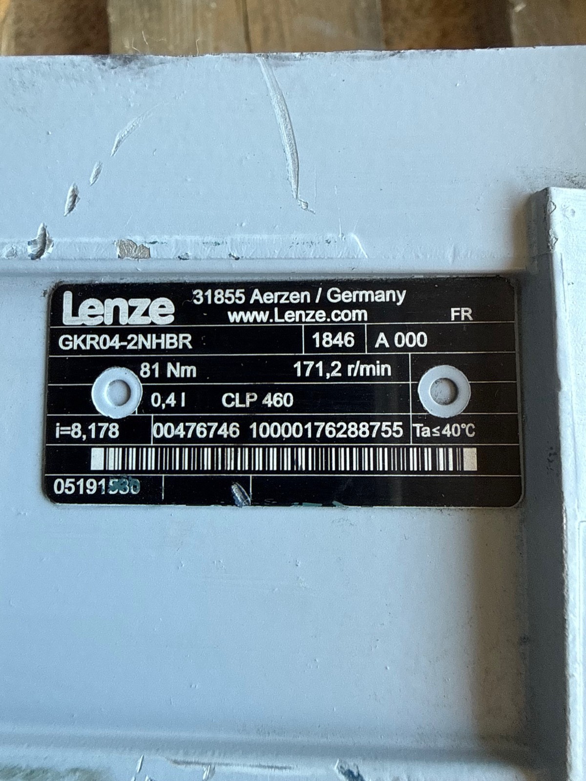 LENZE GEAR REDUCER 1XVG 1XVI MOD GKR04-2NHBR 81NM 171 R/MIN .41 CLP460