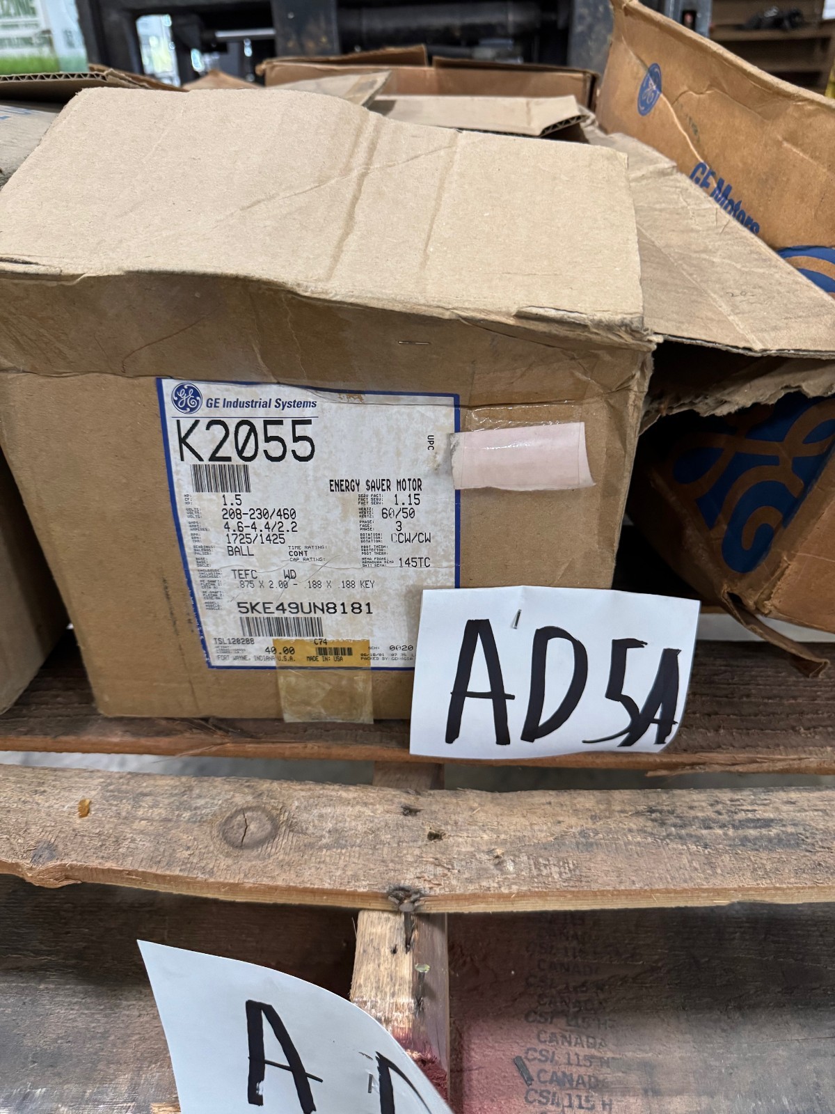GE 11/2 HP MOTOR AD5A K2055 5KE49UN8181 1725/1425 RPM 208/230/460 V 4.6/2.2 AMP