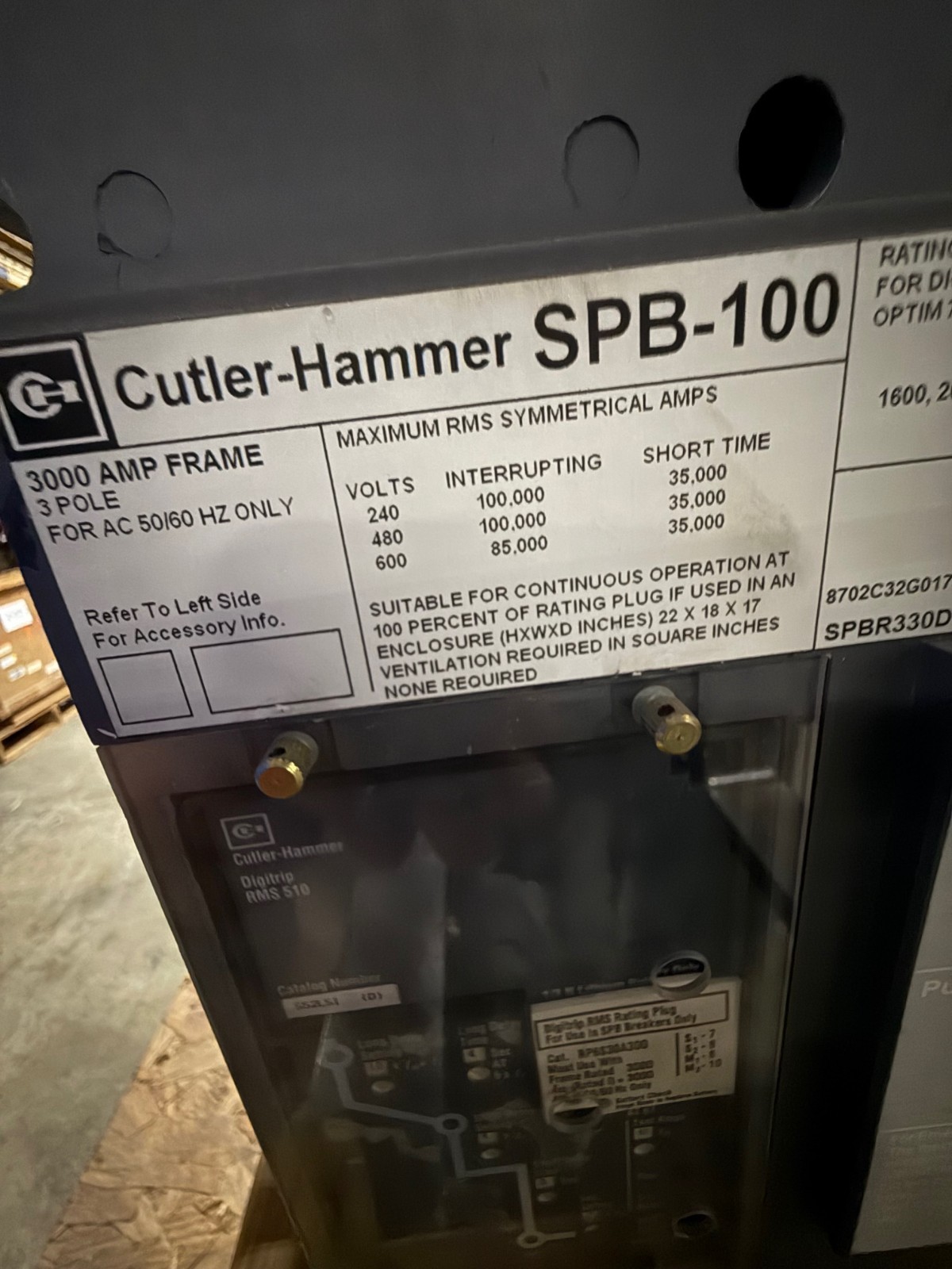 Refurbished BREAKER CUTLER-HAMMER SPB-100 MODEL SPBR330R 3000 AMP BREAKER 3000 AMP TRIP PLUG