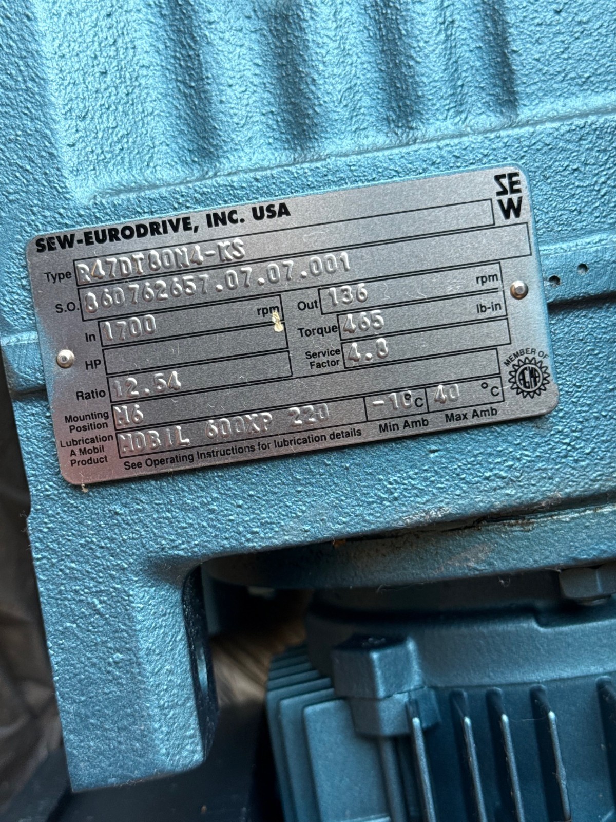 SEW-EURODRIV GEAR MOTOR 1XIA MOD DFT80N4-KS R47DT80N4-KS  1700 TO 136 RPM 1 HP