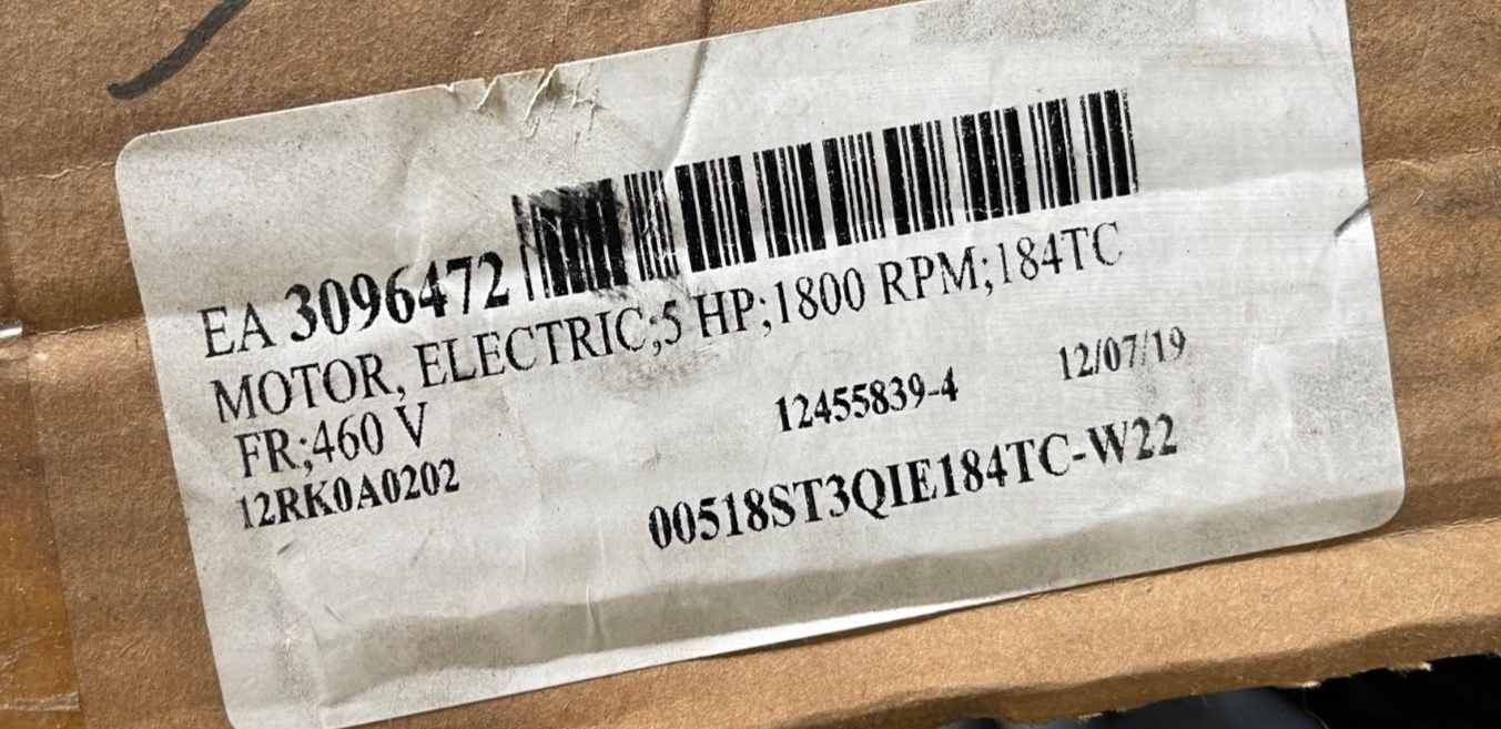 WEG 5 HP ELECTRIC MOTOR 1800 RPM 04P182184TC 460 V 60Hz 00518ST3QIE184TC-W22