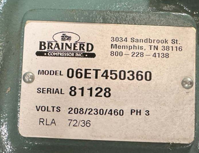 BRAINERD REFRIGERATION SEMI-HERMETIC COMPRESSOR 06ET450360 VA2A & B