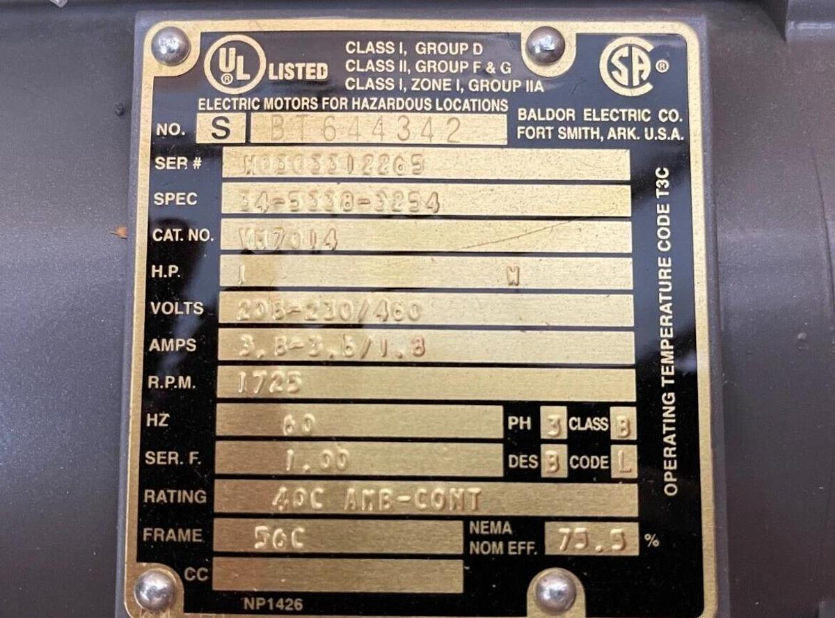 BALDOR 1HP EXPLOSION PROOF MOTOR 1725 RPM 208-230/460 V FRAME 56C VM7014