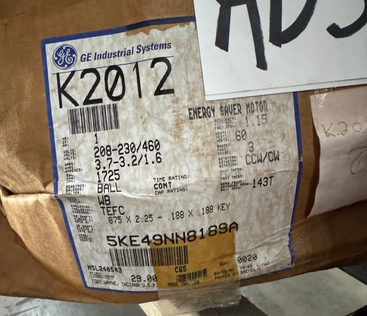 GE 1 HP MOTOR AD5E K2012 5K49NN8189A 1725 RPM 208/230/460 V 3.6/1.9 AMP FR 143T