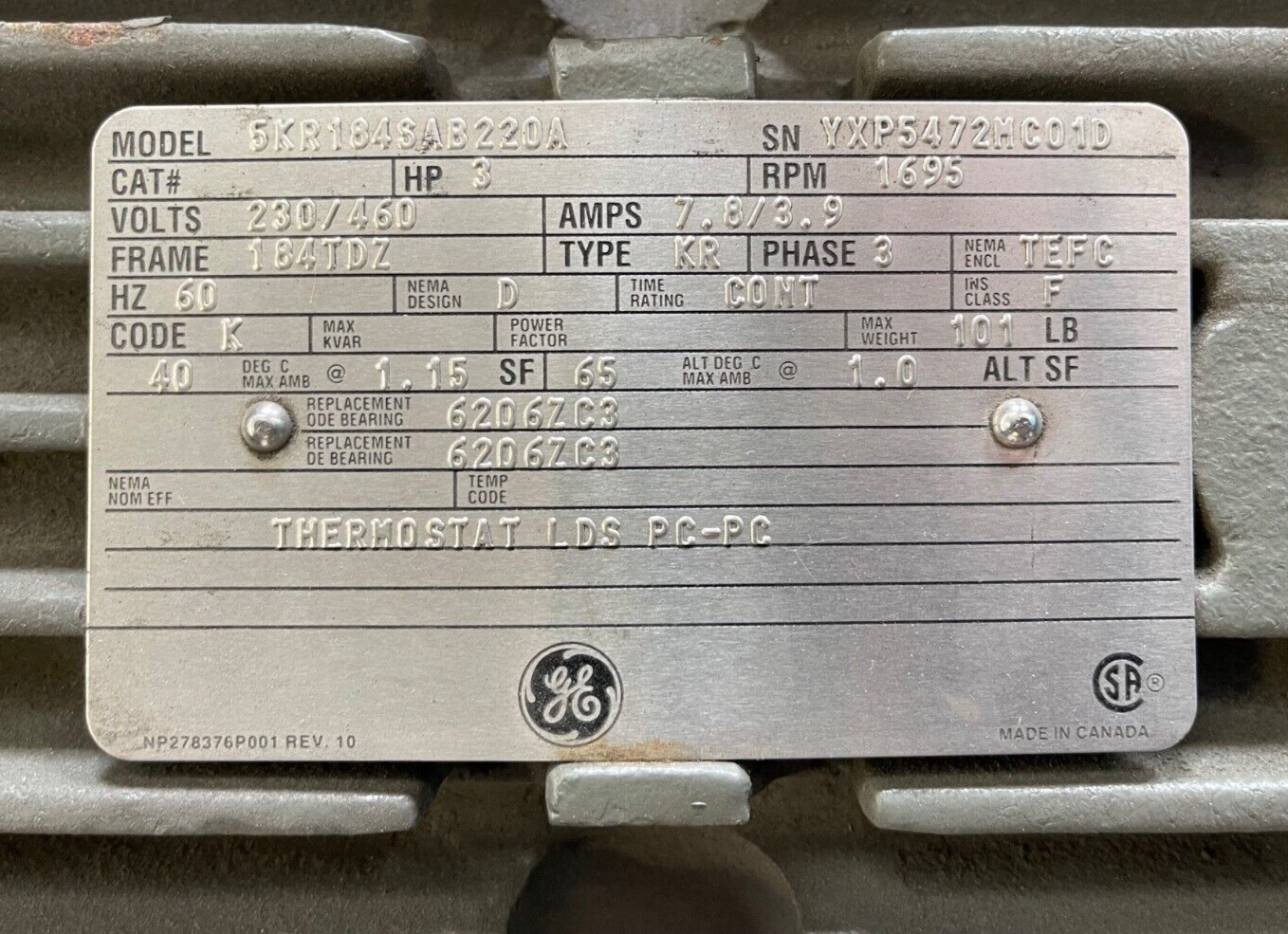 GE 3 HP MOTOR 230/460 1695 RPM FRAME 184TDZ 5KR184SAB220A
