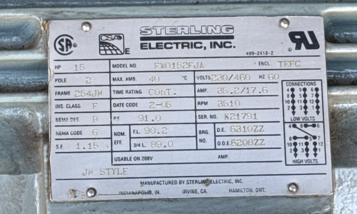 STERLING ELECTRIC MOTOR 15 HP MODEL EWO152FJA 1XUA 3510 RPM 230/460V 3 PH