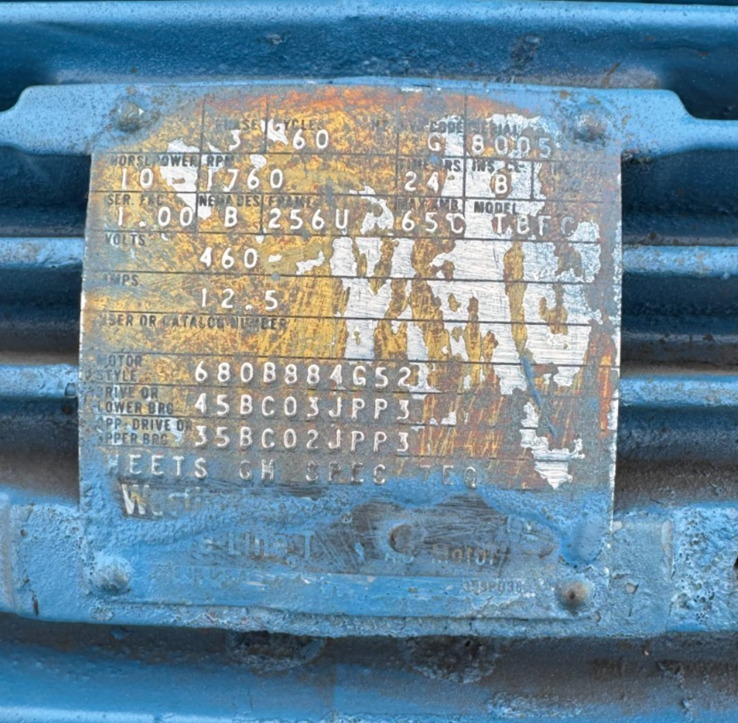 WESTINGHOUSE MOTOR 10 HP KK3 MODEL TBFC 1760 RPM 460 V 3 PH 12.5 AMP FR 256U