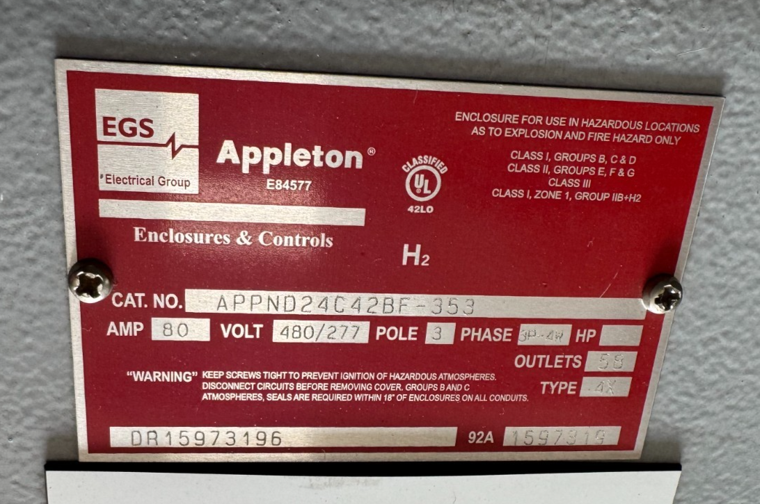 APPLETON/EGS EXPLOSION PROOF BREAKER PANEL AD2 80 AMP APPND24C42BF-353 480/277