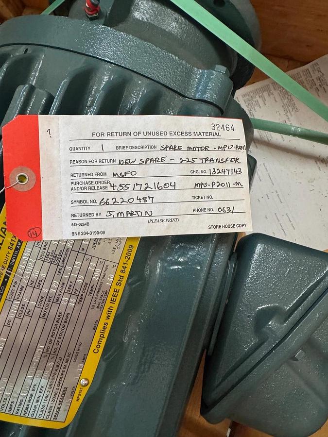BALDOR SUPER E MOTOR XA9 15 HP MODEL M01AA02 3520 RPM 460 V 3 PH 17 AMP FR 254HP