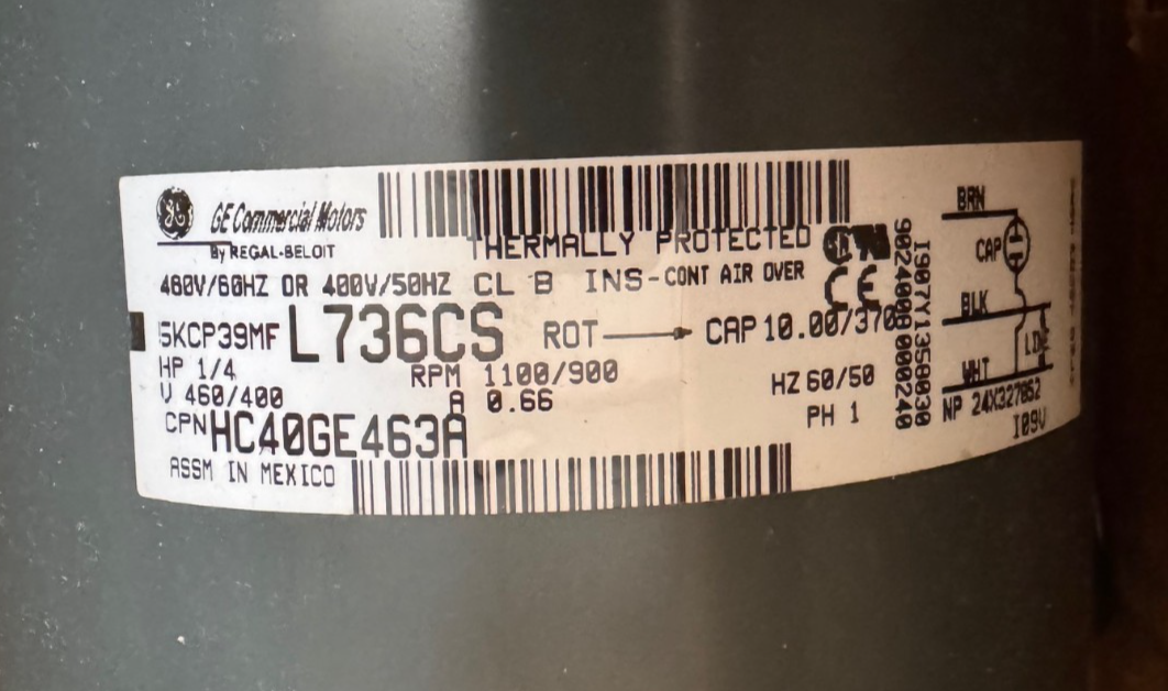 GE Motor 1/4  HP MODEL L736CS HC40GE463A ZH4 ZH6 1100/900 RPM 400/460 V .66 AMP