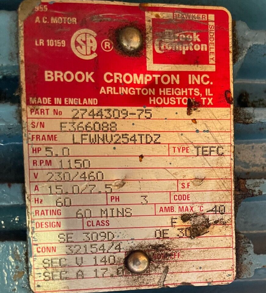 BROOK CROMPTON Motor Gear Wheel Assembly for Gantry Crane 5 hp 1150 RPM 230/460