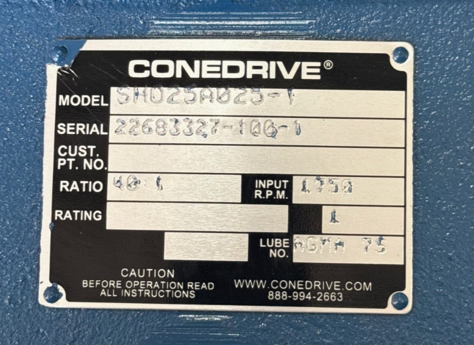 CONEDRIVE GEAR REDUCER 1XRC MOD SH025A025-1 1750 RPM 40 TO 1 RATIO TORQUE 469