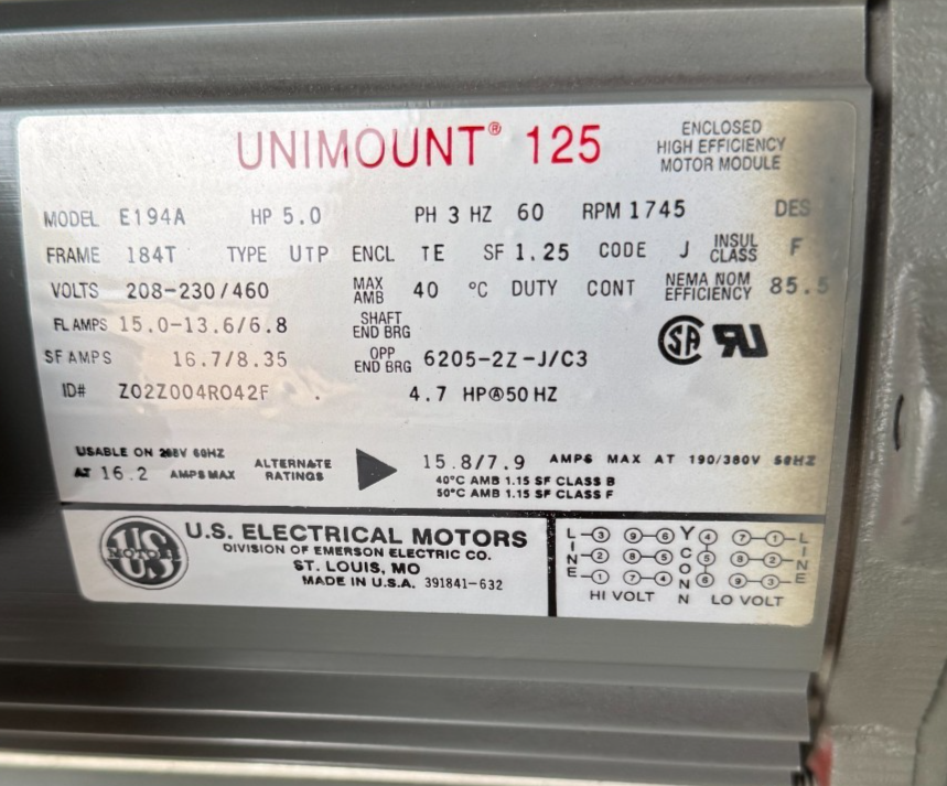 US MOTORS SERIES 2000 Gear Motor FF2MODEL N24S2SB322 5 HP 1750 RPM RATIO 22.4 MT