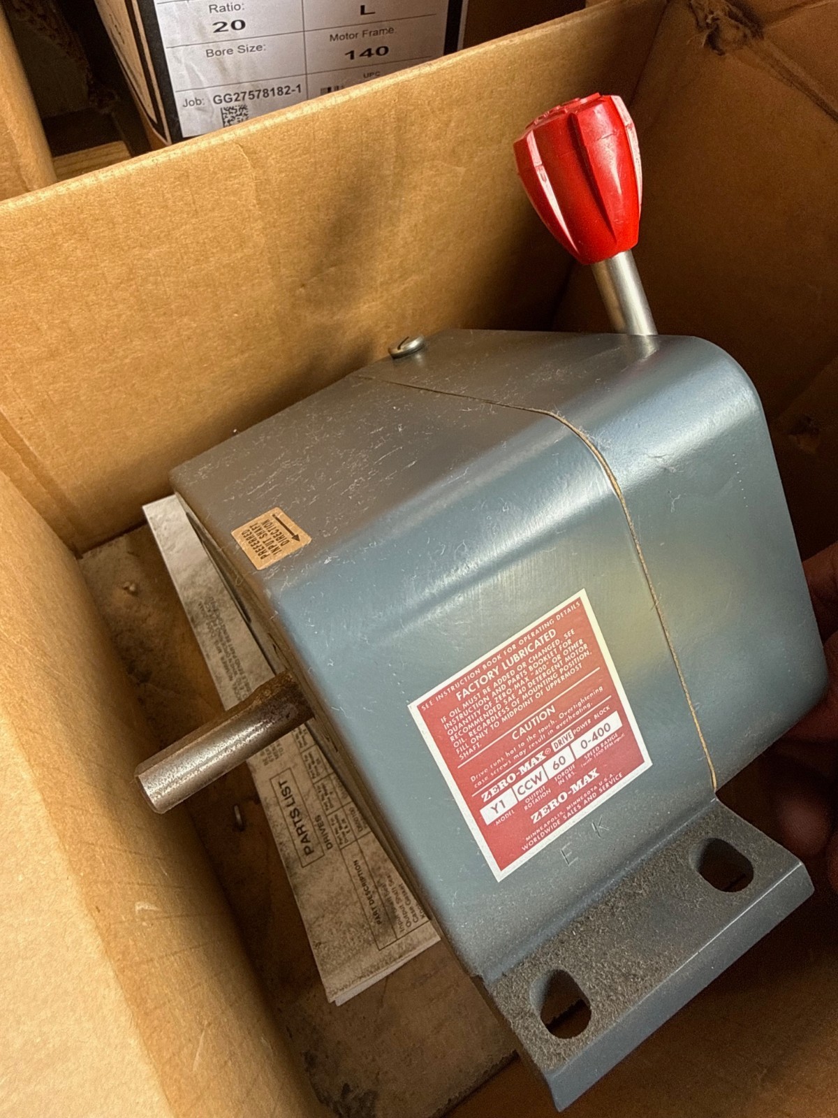 ZERO-MAX DRIVE POWER BLOCK GEAR REDUCER MOD Y1CCW600-400 1800 RPM 1XID