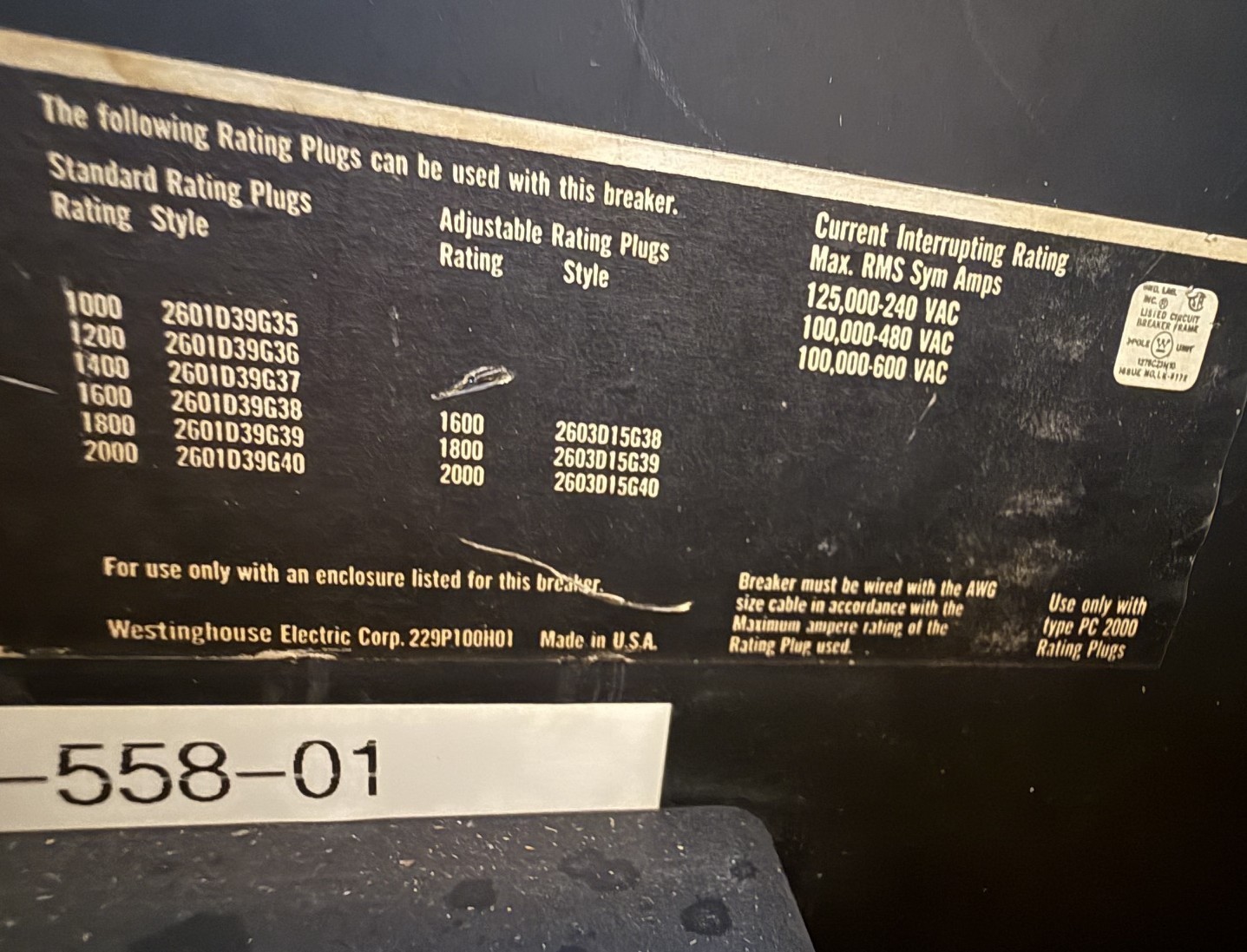 Refurbished Westinghouse 2000 AMP BREAKER PC32000FCSN 2YV5 600 3 POLE V 60 HZ 2KA PC 2000