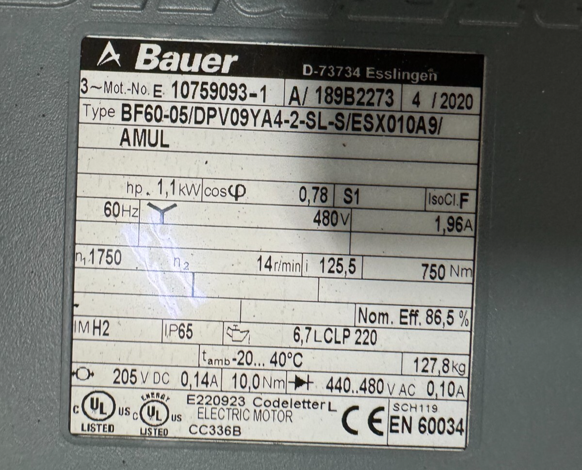 Bauer Gear Motor Z  BF60-05/DPV09YA4-2-SL-S/ESX010A9AMUL 1750 TO 14 RPM 480 V