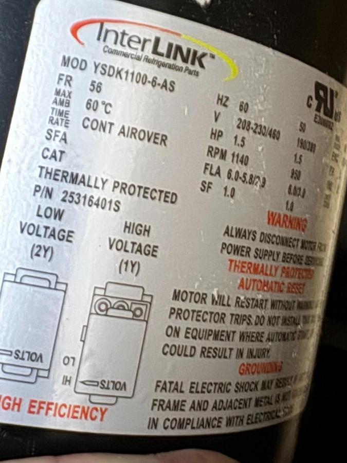 INTERLINK MOTOR M8 1 1/2 HP MO YSDK1100-6-AS 1140RPM 208-230/460 V 3 PH FR 56