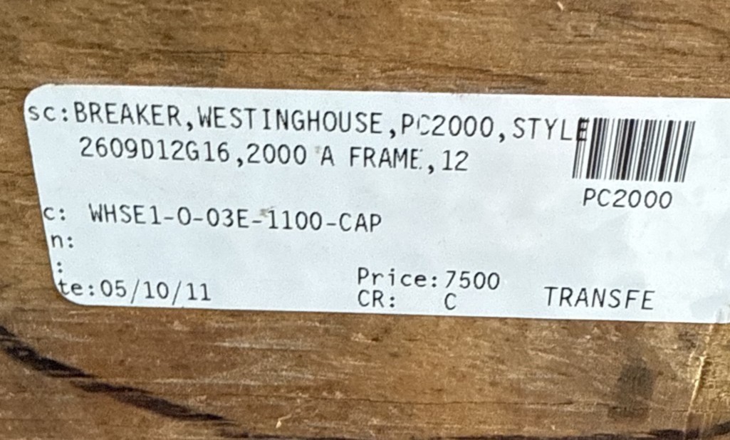 Refurbished WESTINGHOUSE 2000 AMP BREAKER MODEL PC2000 STYLE 2609D12G16 2000 AMP PLUG 2YV8