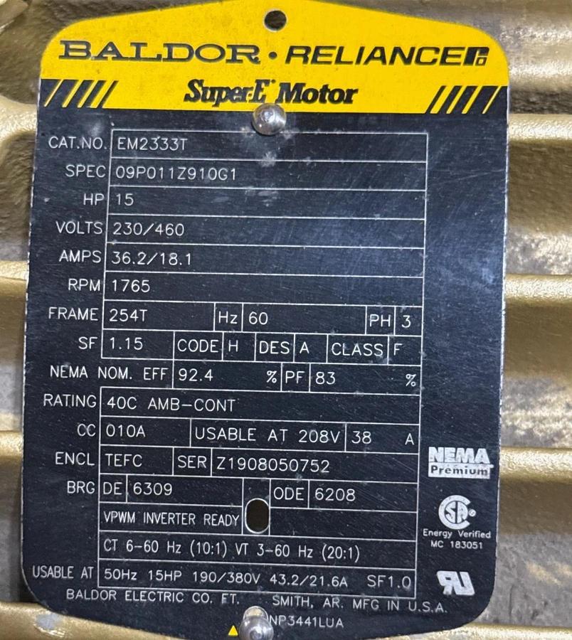 Used BALDOR SUPER E MOTOR 15 HP MODEL CEM2333T 2YBA 1765 RPM 230/460 V 3 PH 36 /18 AM