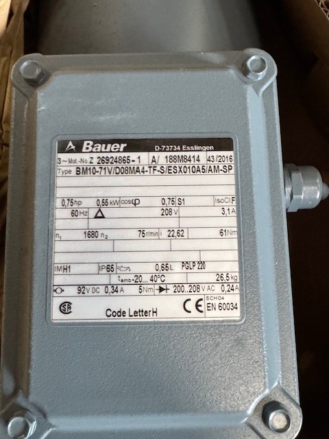 BAUER GEAR MOTOR WA7 WA8 MOD BM10-71V/D08MA4-TF 3/4 HP 1680 TO 75 RPM 208V