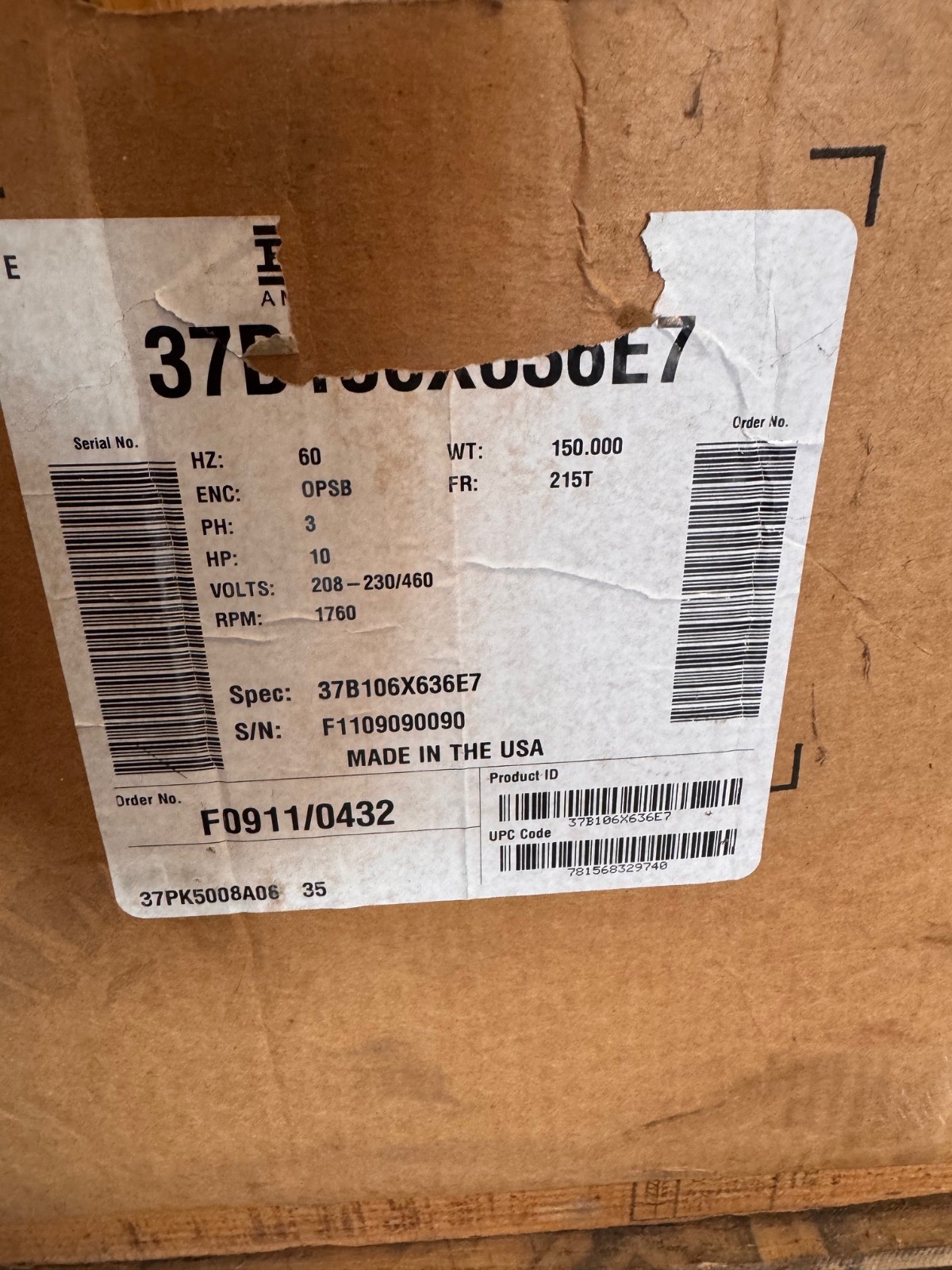 BALDOR SUPER E MOTOR 10 HP MODEL 37B106X636E7 ZK6 1760 RPM 208-230/460V 3 PH