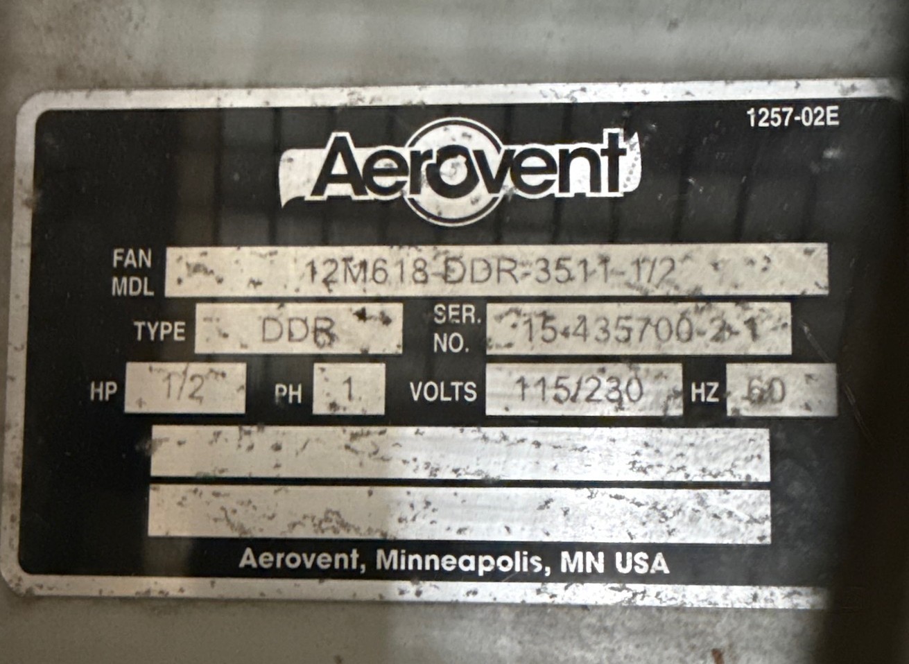 AEROVENT FAN BLOWER MODEL 12M618-DDR-3511-1/2 3500 CFM 1XYC 1780 RPM 1/2 HP