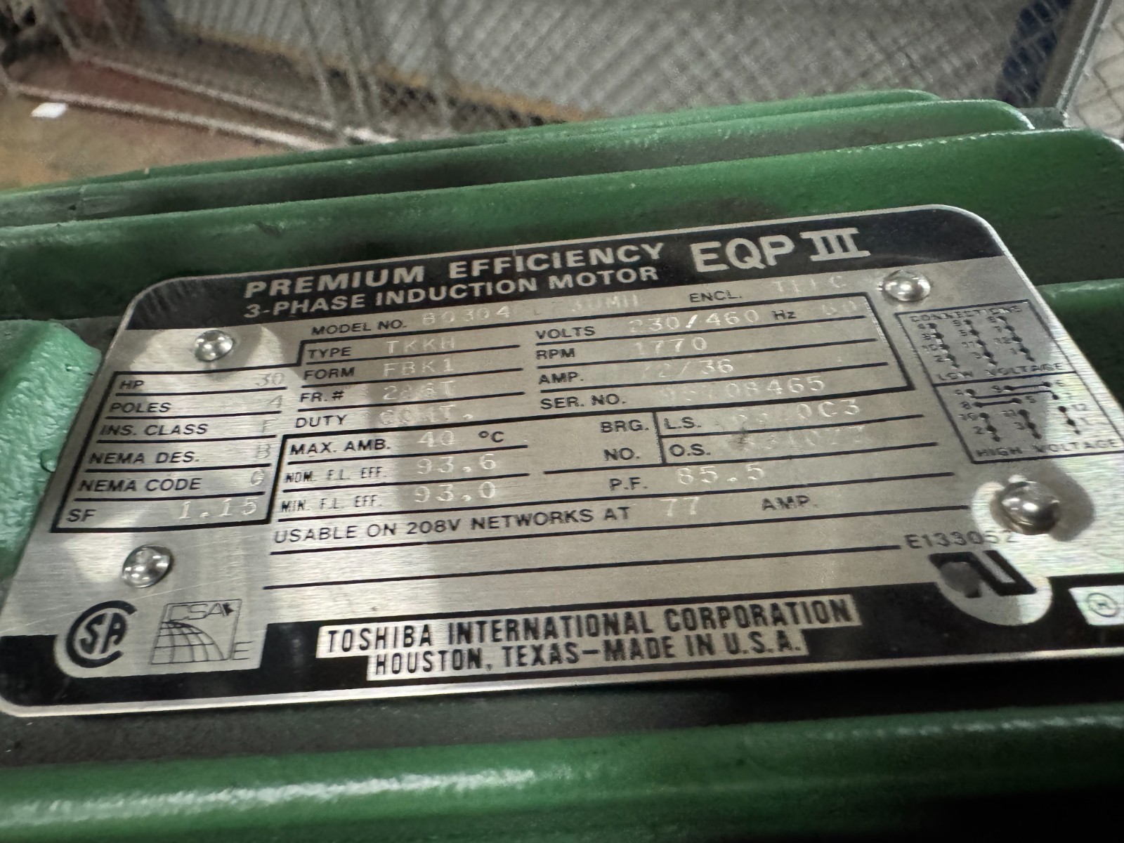 Toshiba MOTOR T 30 HP BO304FLF3UM11 EQP III 1170 RPM 230/460 V 4 POLE 72/36 AMP