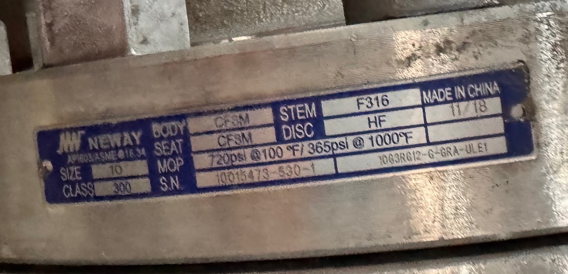 Used 10" 300 RF GATE VALVE 316 SS BODY W MTR'S 2YM1 NEWAY MODEL 10G3RG12-6-GRA-ULE1