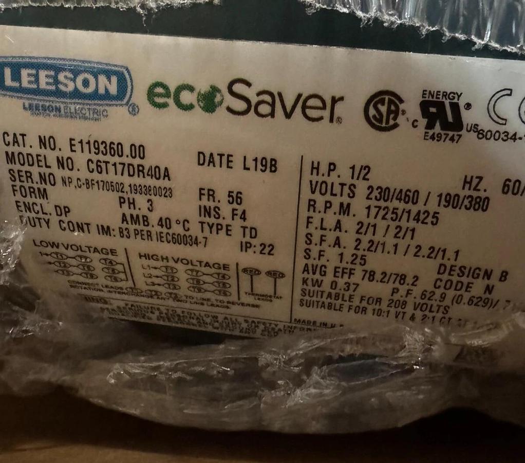LEESON MOTOR N6 1/2 HP E119360.00 1725/1425 RPM 230/190/460/380 V  3 PH FR 56