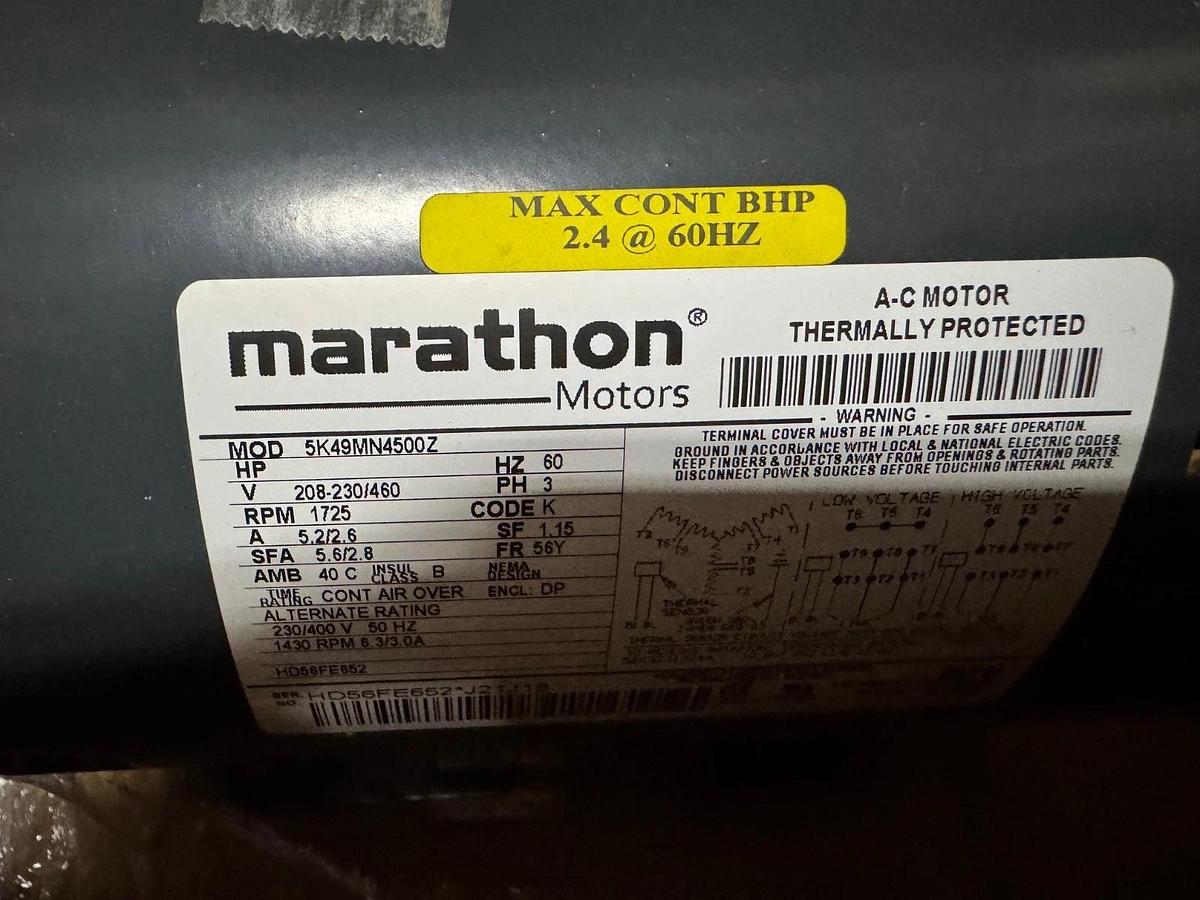 MARATHON Motor 1 HP MODEL HD52FE652 VA10F 1725 RPM 208-230/460 V 5.2-2.6 AMP 3