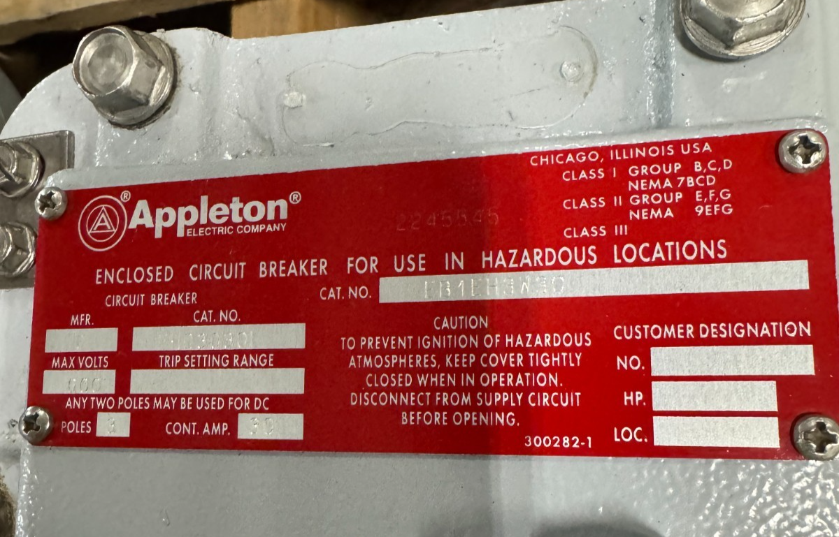 APPLETON EXPLOSION PROOF BREAKER V58 30 AMP 600 V 3 POLE 3 PH EHD3030L