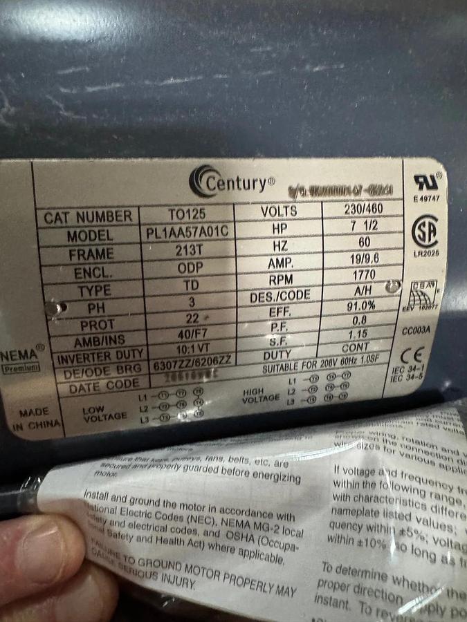 AO SMITH CENTRY Motor 7.5 HP MODEL TO125 VA18A 1768 RPM 230/460 V 21/9.5 AMP 3 P