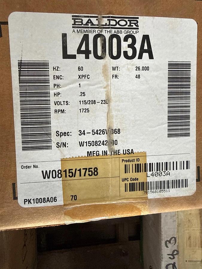 Used BALDOR EXPLOSION PROOF Motor .25 HP MODEL L4003A ZFA5 1725 RPM 115/208-240 V 5/2
